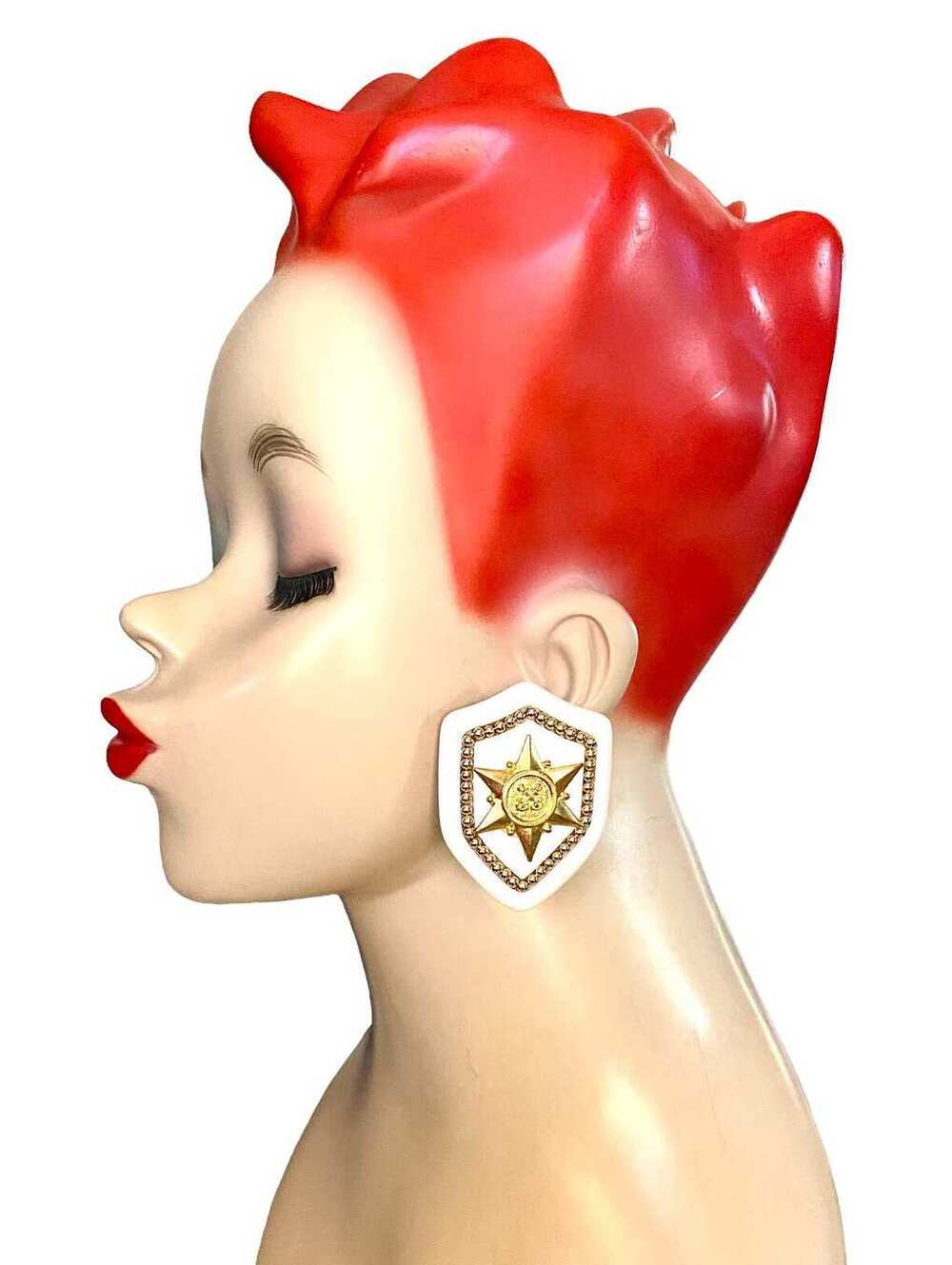 1980s Large Gold Plated Star Sheriff Badge on Lucite Shield Clip Earrings BBB13